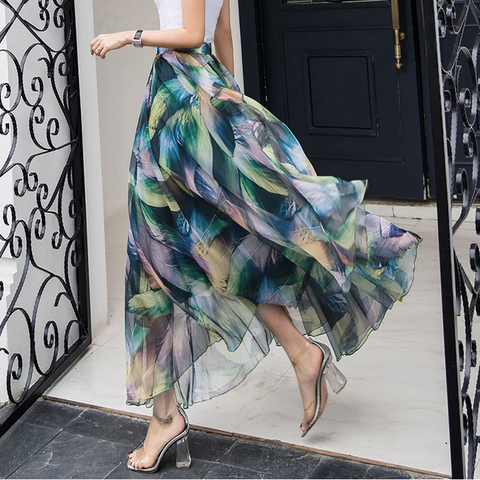 Womens Elastic Waist Chiffon Elegant Long Ladies Beach Holiday Floral 8M Big-Swing Streetwear Female Bohemia Half-Long Skirt ► Photo 1/6