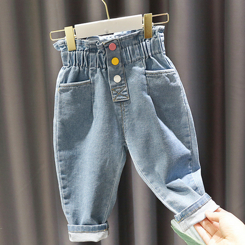 Kids Pants 2022 Autumn New Boys And Girls Korean Mid-Waist Lace Elastic Waist Three-Color Pocket Casual Button Jeans ► Photo 1/6