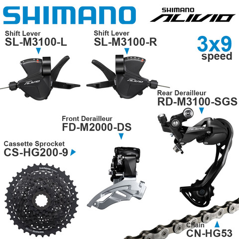 SHIMANO ALIVIO M3100 3x9v Groupset with 3x9 speed Shifter REAR and M2000 Front  DERAILLEUR HG200 Cassette Sprocket COG Chains ► Photo 1/2