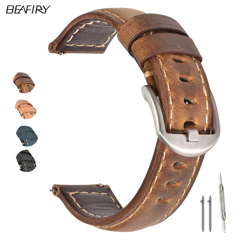 BEAFIRY Crazy Horse Calfskin Leather Watch Band 20mm 22mm 24mm Straps Watchbands Dark Brown Light brown Black Blue Green Belt ► Photo 1/6