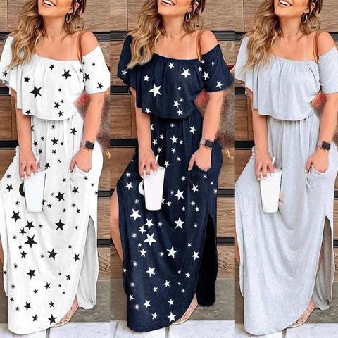 Women Summer Off Shoulder Short Sleeve Stars Print Ruffled Hem Party Long Dress Irregular slit dress 2022 ► Photo 1/6