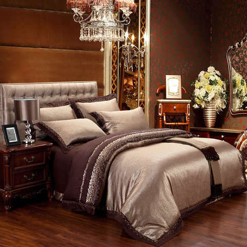 Jacquard Silk Bedding Set Queen King 6/4pcs Brown Embroidered Home Textile Satin Duvet/Quilt Cover Bed Sheet Bedclothes Cotton ► Photo 1/6