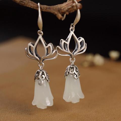 Original design natural Hetian white jade magnolia flower earrings Chinese style retro charm women's brand silver jewelry ► Photo 1/6