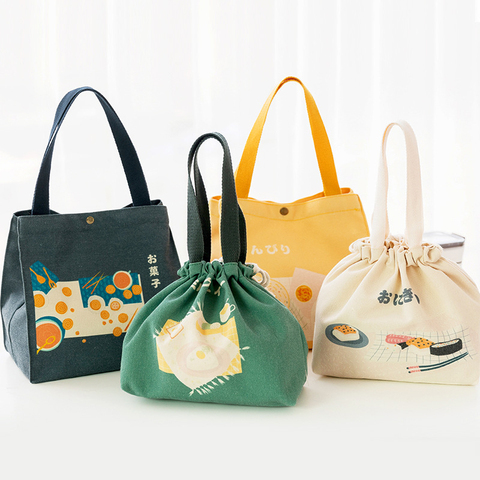 Japanese Cute Lunch Bags For Women Kids Lunch Box Picnic Travel Cute Cartoon Drawstring Button Portable Canvas Handbag ► Photo 1/6