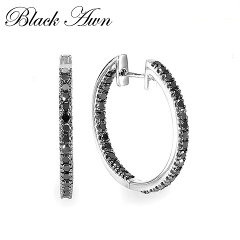 Black Awn 2022 New Classic 925 Sterling Silver Round Black Trendy Spinel Engagement Hoop Earrings for Women Fine Jewelry I181 ► Photo 1/5
