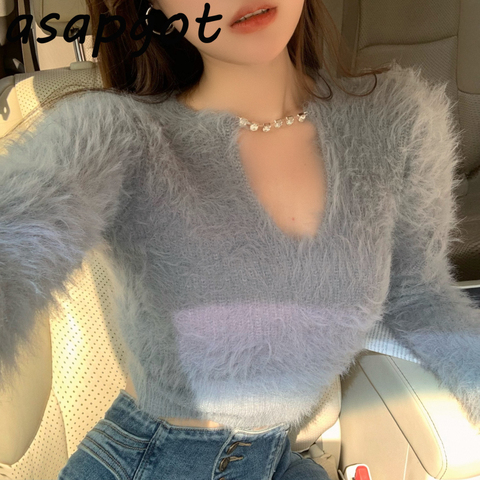 Temperament Grey Chain Tassel V Neck Sweaters Short Slim Knitwear Fashion Chic Korean 2022 Autumn White Bottom Shirts Tops Wild ► Photo 1/1