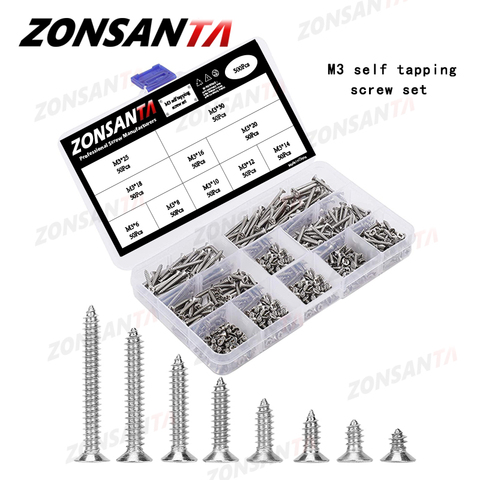 ZONSANTA 500Pcs M3 Tapping Cross Flat Head Self Screw  Assortment Kit Wood Thread Nail Screw Sets Countersunk Head Fiber Screws ► Photo 1/6