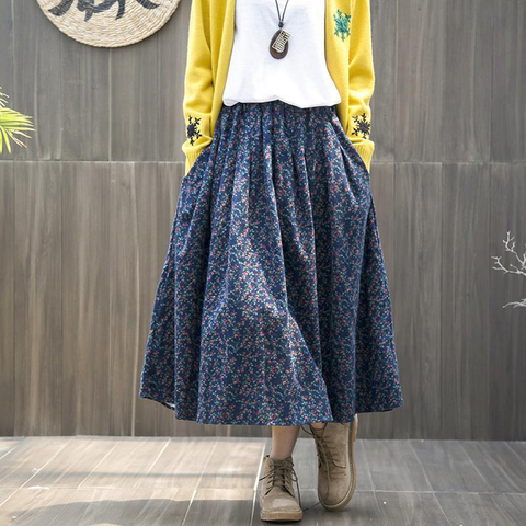 Spring Autumn Arts Style Elastic Waist Cotton Linen A-line Long Skirt Women Loose Casual Vintage Floral Skirt high quality S364 ► Photo 1/6