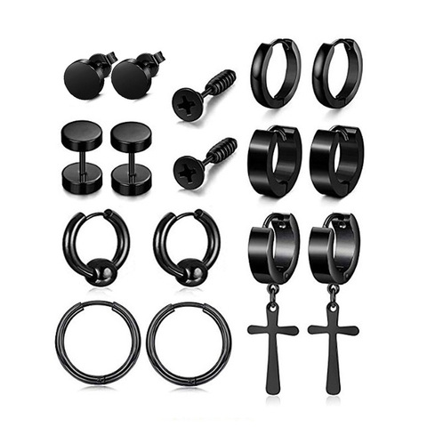 Rinhoo 1PC Punk Black Multiple Stainless Stud Earrings Men Women Gothic Cross Round Street Pop Hip Hop Ear Stud Piercing Jewelry ► Photo 1/6