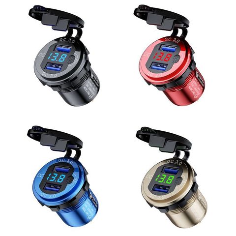 12V 24V 18W Aluminum Waterproof Dual QC3.0 USB Fast Charger Power Outlet with LED Voltmeter ON OFF Switch for Car Marine Truck B ► Photo 1/6