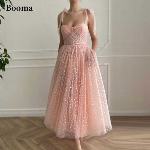 Booma Blush Pink Hearty Evening Dresses 2022 Spaghetti Straps Midi Prom Dresses with Pockets Tea-Length Wedding Party Dresses ► Photo 1/6
