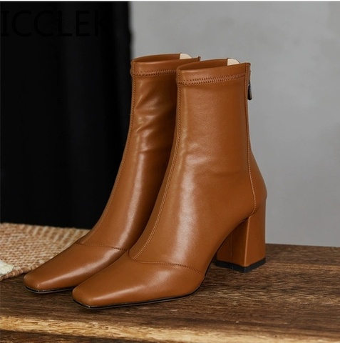 New 2022 simple PU women's boot back zipper square high heels solid pointed toe shoes party ball ankle boot black white brown ► Photo 1/6