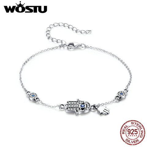 WOSTU 925 Sterling Silver Fatima of Hand Hamsa Eye Bracelets Blue Zircon Chain Link For Women Bangles Fashion 925 Jewelry CQB079 ► Photo 1/6