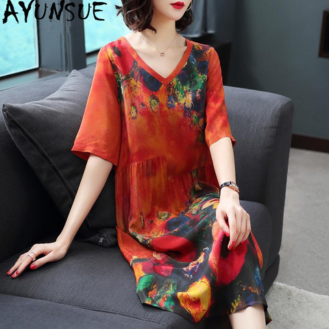 AYUNSUE Women Summer Silk Casual Dress Elegant Print Plus Size Dress V Neck Floral Women's Dresses Vintage Vestido 2022 KJ1854 ► Photo 1/6