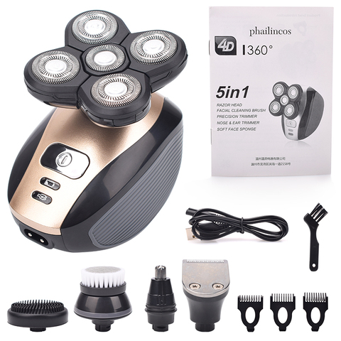 5 In 1 4D Men's Rechargeable Bald Head Electric Shaver 5 Floating Heads Beard Nose Ear Hair Trimmer Razor Clipper Facial Brush ► Photo 1/6