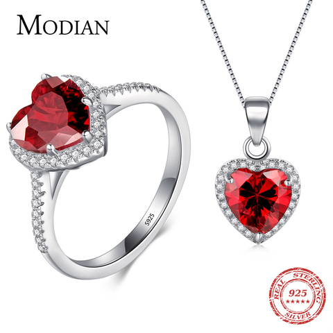 Modian Genuine Solid 925 Sterling Silver Hearts Sets Jewelry Red Ring Necklace Wedding Crystal Pendant Fashion Chain For Women ► Photo 1/6