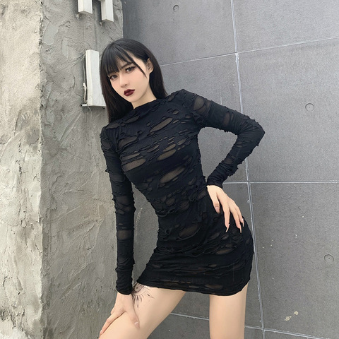 Helisopus New Gothic Black Mini Dress Streetwear Rock Punk Hollow Retro High Waist Long Sleeve Bodycon Party Dresses ► Photo 1/6