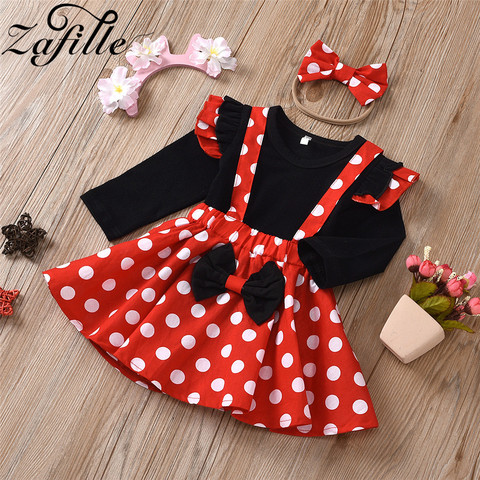 ZAFILLE Baby Girl Dress Minnie Dress Solid Top+Dot Bow Skirt With Headband Cute Baby Girl Outfits Girl Dresses Baby Girl Clothes ► Photo 1/6