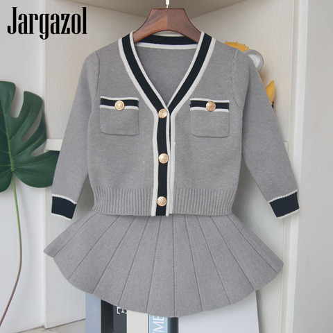 Girls Clothes Set Winter Grey Cardigan with Skirt 2 Pcs Set for Children Outerwear Cute Baby Girl Sets Outfits Sweater Set ► Photo 1/6