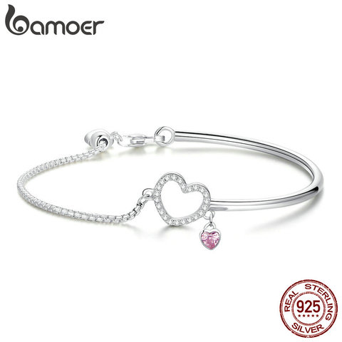 BAMOER Romantic New 100% 925 Sterling Silver Heart Pink CZ Chain Link Bangles Bracelets for Women Sterling Silver Jewelry SCB117 ► Photo 1/6
