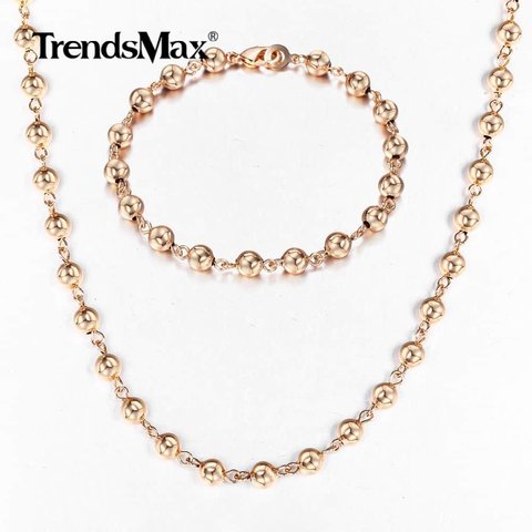 585 Rose Gold 6/8/10mm Bead Chain Necklace Bracelet Set for Women Girls Lobster Clasp Wedding Elegant Jewelry Gift CSM02 ► Photo 1/6