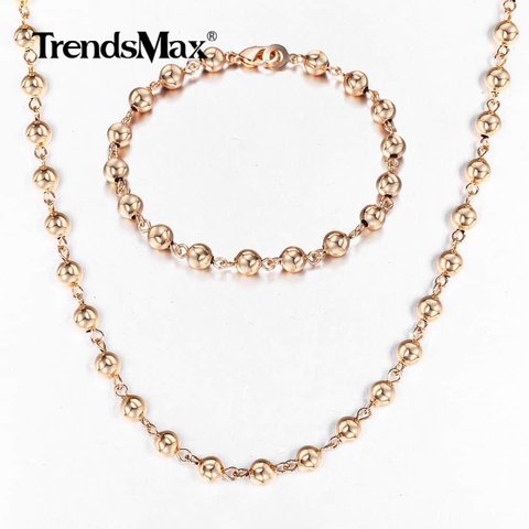 585 Rose Gold 6/8/10mm Bead Chain Necklace Bracelet Set for Women Girls Lobster Clasp Wedding Elegant Jewelry Gift CSM02 ► Photo 1/6