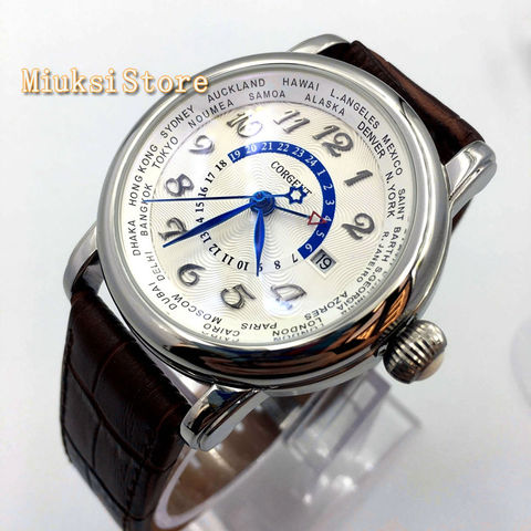 Corgeut 43mm silver case white dial GMT date leather Automatic mens  casual top mechanical watch ► Photo 1/1