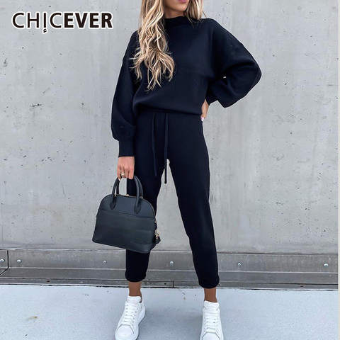 CHICEVER Casual Two Piece Set For Women O Neck Long Sleeve Tops High Waist Lace Up Wide Leg Pants Loose Sets Female 2022 Clothes ► Photo 1/6