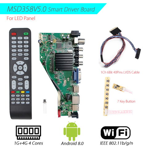 With 1Ch 6Bit 40Pin LVDS Cable MSD358V5.0 Android 8.0 1G+4G 4 Cores Intelligent Smart Wireless Network WI-FI TV LCD Driver Board ► Photo 1/6