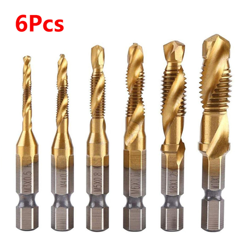 6Pcs M3-M10 Hex Shank Titanium Plated HSS Screw Thread Metric Tap Drill Bits Hand tools Screw Tap Bit Set ► Photo 1/6