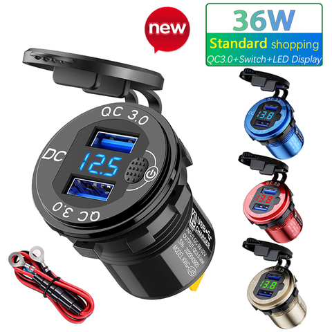 LED Display 36W 12V USB Socket Car QC3.0 Metal Switch Waterproof Universal Truck Car Lighter Socket Plug For Phone Tablet Camera ► Photo 1/6