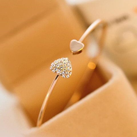 Woozu 2022 New Fashion Adjustable Crystal Double Heart Bow Bilezik Cuff Opening Bracelet For Women Jewelry Gift Mujer Pulseras ► Photo 1/6