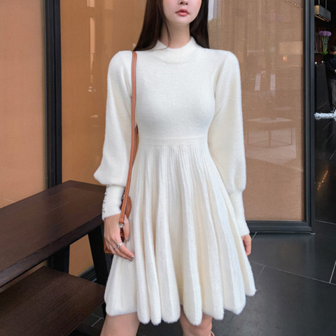 High Quality Autumn Winter Knitted Sweater Dress Women Korean Sweet Vestidos Long Sleeve Button Casual Pull Mini Dress For Women ► Photo 1/6