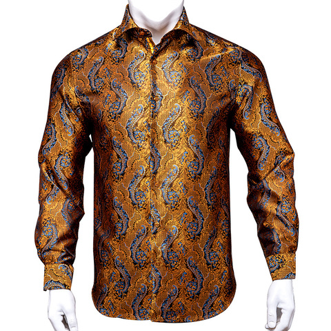 Hi-Tie 100% Silk Luxury Black Gold Embroidery Paisley Dress Shirt Men Long Sleeve Men's Casual Button-Down Shirts Outwear 2022 ► Photo 1/6