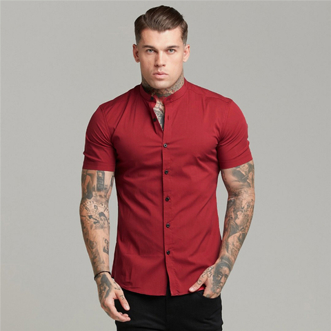 New Arrivals Summer Man Short Sleeve Shirt Solid Fitness Mens Stand Collar Super Slim Fit Business Dress Shirt Button Gym Tops ► Photo 1/6