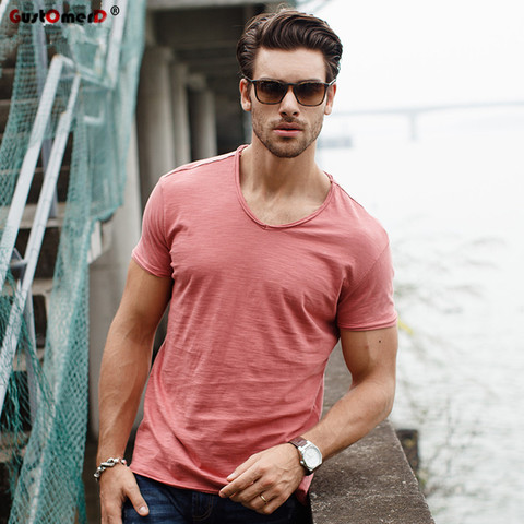 GustOmerD Brand Quality T shirt Men's V-neck Slim Fit Pure Cotton T-shirt Fashion Short Sleeve T shirt Men's Tops Casual Tshirt ► Photo 1/6
