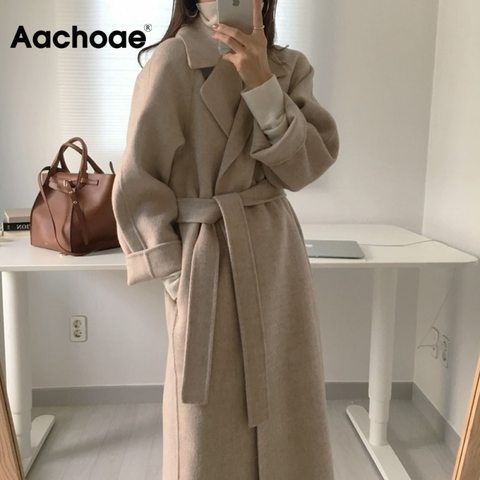 Aachoae Women Elegant Long Wool Coat With Belt Solid Color Long Sleeve Chic Outerwear Ladies Overcoat Autumn Winter 2022 ► Photo 1/6