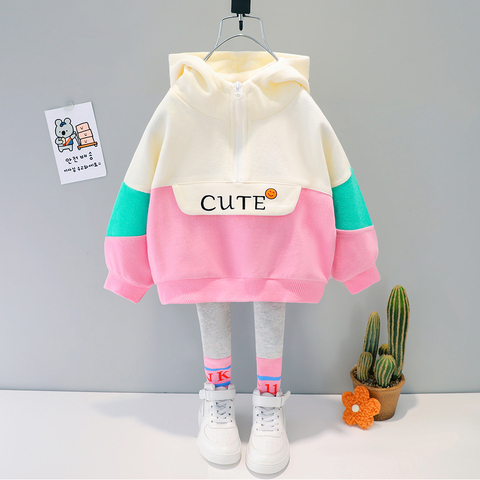 2022 Hot Infant Baby Girl Hooeded Casual Clothes Outfit  Set Spring Letter Top Solid Color Long Trousers 1 2 3 4 Years ► Photo 1/6