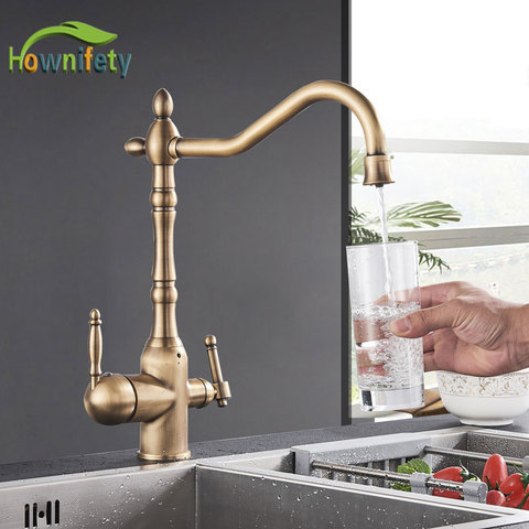 Golden polished Purified water Kithcen faucet  Hot and Cold Mixer Crane Dual Handle One Hole Rotation Deck Mount Brass material ► Photo 1/6