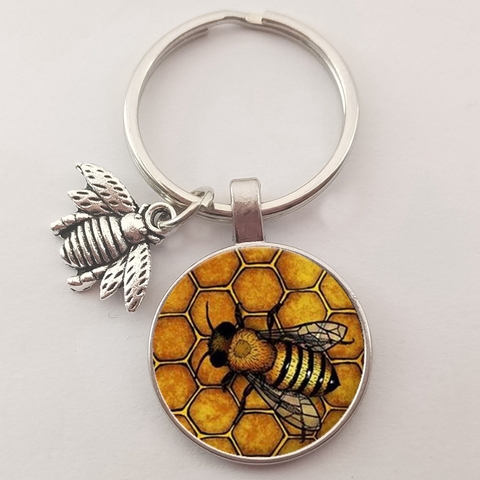 Cute Insect Bee Keychain Fashion Geometric Honeycomb Honey Bee 3D Printed Glass Dome Key Ring Chain Bumble Bee Trinkets ► Photo 1/6