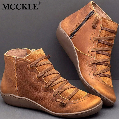 Women's PU Leather Ankle Boots Women Autumn Winter Cross Strappy Vintage Women Punk Boots Flat Ladies Shoes Woman Botas Mujer ► Photo 1/6