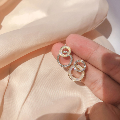 2022 Korean Simple Double Circle Gold Color Metal Rhinestone Drop Earrings For Women Fashion Small Pendientes Jewelry Gifts ► Photo 1/6