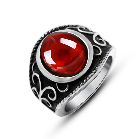 Vintage Stainless Steel Gothic Rings for Men And Women Engraved Flowers With Red Garnet Natural Stone Fine Jewellery ► Photo 1/5