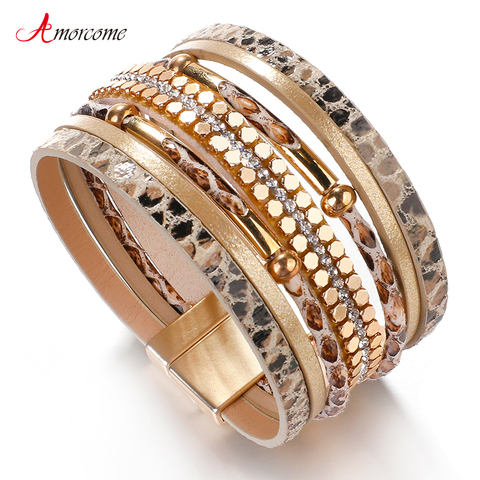 Amorcome Snakeskin Pattern Leather Bracelets for Women 2022 Trendy Metal Pipe Wide Multilayer Wrap Bracelet Female Jewelry ► Photo 1/6