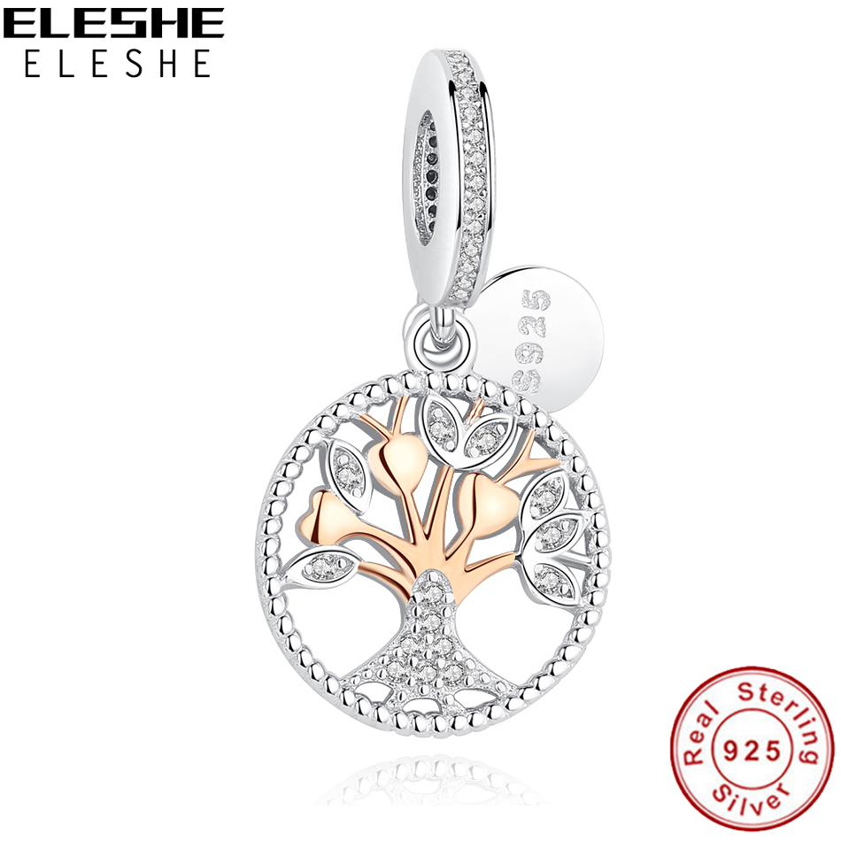New Authentic 925 Sterling Silver Tree Of Life Clear CZ Dangle Charm Necklace 