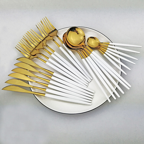 24pcs White Gold Dinnerware Set 18/10 Stainless Steel Knife Fork Spoon Cutlery Set Kitchen Tableware Set Flatware Set Wholesale ► Photo 1/6