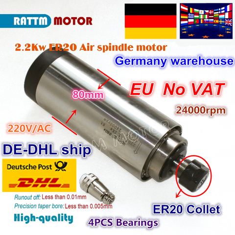 【DE ship】 2.2kw ER20 Air cooled Spindle motor runout-off 0.01mm 80mm 24000rpm 220V,4 bearings for CNC Router Engraving Milling ► Photo 1/6