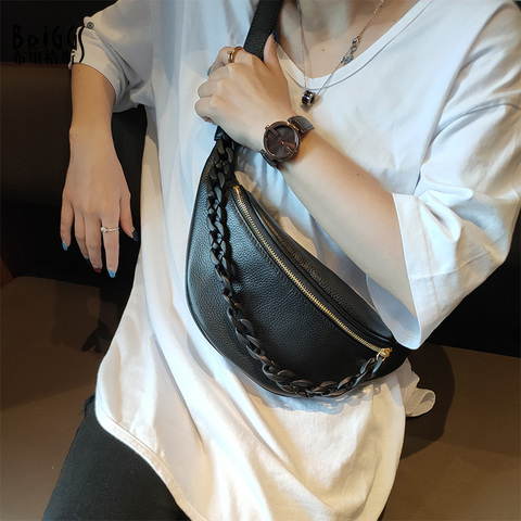 Fashion Black Acrylic Chains Chest Bags Women Designer Genuine Leather Crossboday Bag Zip Pocket Money Phone Chest Pack Belt Bag ► Photo 1/6