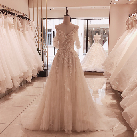 SL-5095 SuLi Spaghetti  Straps Lace Up Wedding Dress 2022 New Court Train Bride Dress Appliques 3D Flower Crystal Wedding Gowns ► Photo 1/5