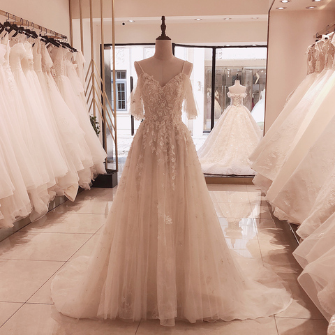 SL-5095 SuLi Spaghetti  Straps Lace Up Wedding Dress 2022 New Court Train Bride Dress Appliques 3D Flower Crystal Wedding Gowns ► Photo 1/5